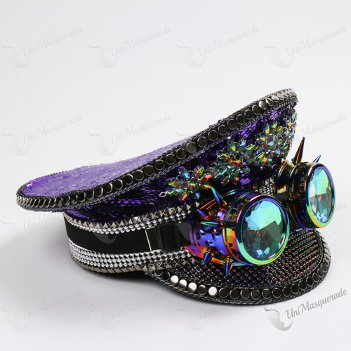 Captain Military Party Hat Purple Sequin with 3D Holographic Goggles