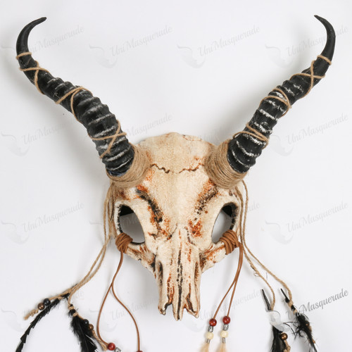 Animal Skull Realistic Antelope Black Horn with Feather Masquerade Mask