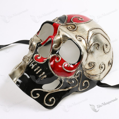 Skull Day of The Dead Venetian Silver Red Masquerade Mask
