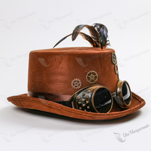 Steampunk Victorian Goggles Top Hat with Feahter Brown