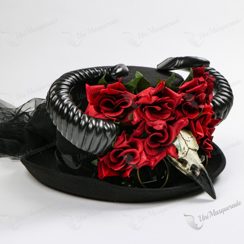 Halloween Top Hat with Horn Rose Raven Skull and Lace Black