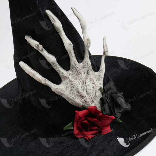 Witch Hat w/ side Skull Hand & Rose - Black
