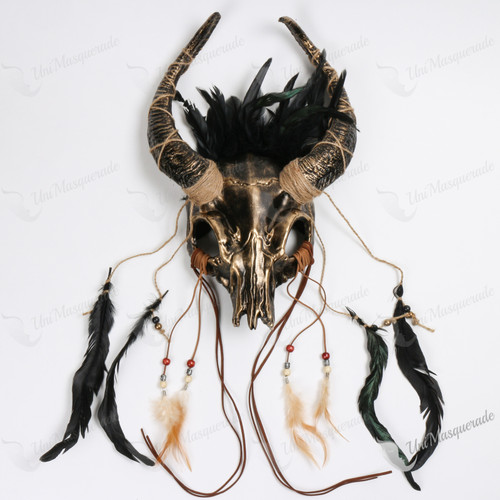 Animal Skull Gold OX Bull Black Horn with Top Feather Masquerade Mask