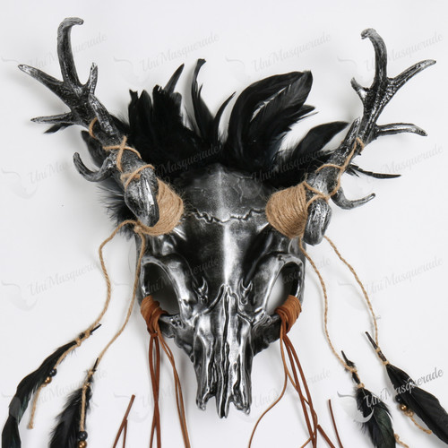 Animal Skull Silver Antler Black Horn with Top Feather Masquerade Mask