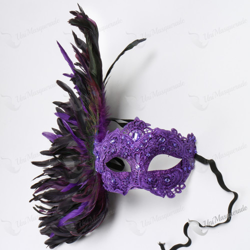 Venetian Carnival Laces Luxury Eye Mask with Side Feather Purple