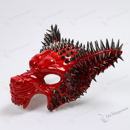 Skull Steampunk Spike Top Masquerade Mask - Glossy Red