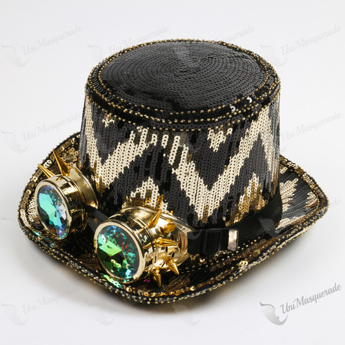 Steampunk ZigZag Sequin Top Hat with Kaleidoscope 3D Goggles - Black Gold