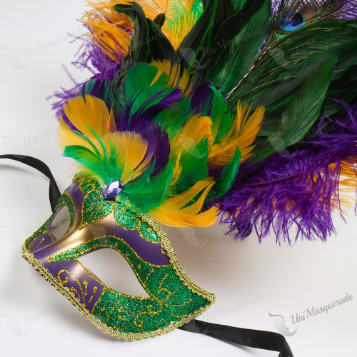 Venetian Glitter Crystal Mardi Gras Mask with Peacock Large Feather - Green Yellow