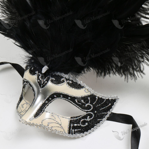 Venetian Glitter Crystal Mardi Gras Mask with Peacock Large Feather - Silver Black