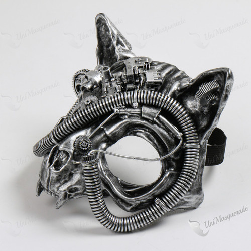 Vampire Cat Skull Steampunk Masquerade Mask - Black Silver