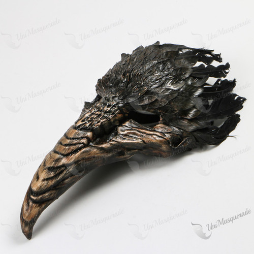 Plague Doctor Raven Long Nose Mask with Feather - Black Brown