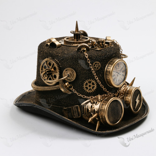Steampunk Time Traveler Lightning Goggles Top Hat - Antique Gold
