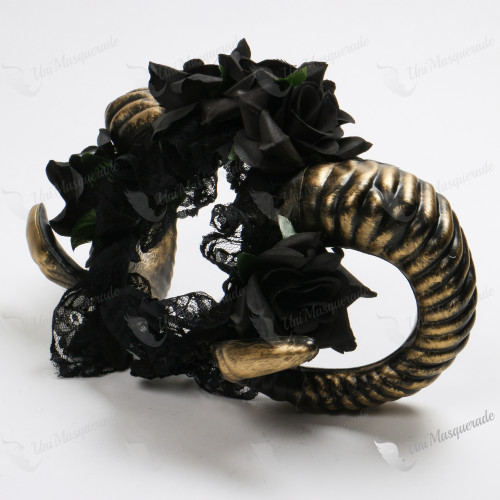 Gothic Twisted Gold Ram Horns Laces HeadBand with Black Rose