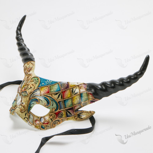 Mythical Venetian Fairy Black Long Horn Venetian Masquerade Gold Mask