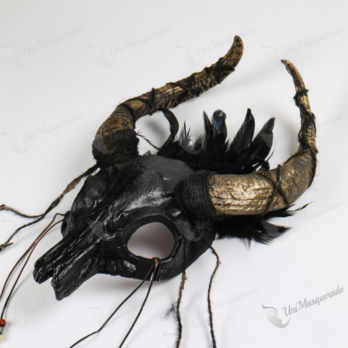 Animal Skull Gold OX Bull Black Horn with Top Feather Masquerade Mask Black