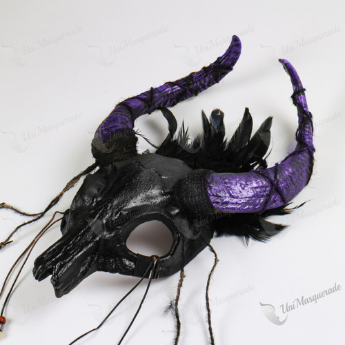 Animal Skull Purple OX Bull Black Horn with Top Feather Masquerade Mask Black