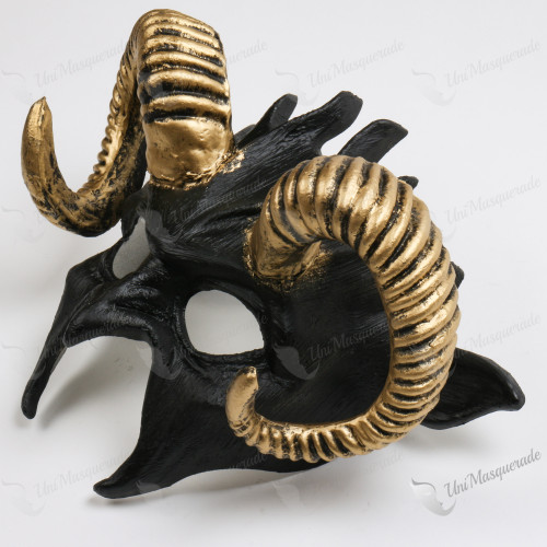 Fire Demon Gold Ram Horn Masquerade Black Devil Mask