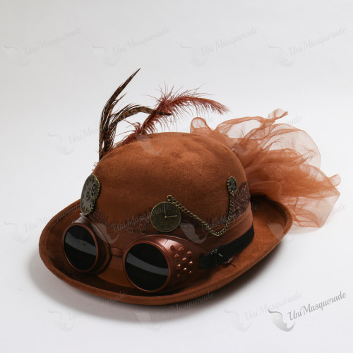 Steampunk Victorian Goggles Feather Top Round Hat Brown