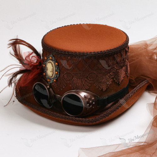 Steampunk Victorian Goggles Laces Flower Top Hat Brown