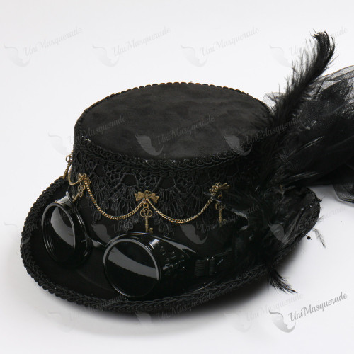 Steampunk Vintage Top Hat with Black Goggles Feather Lace Cape Black