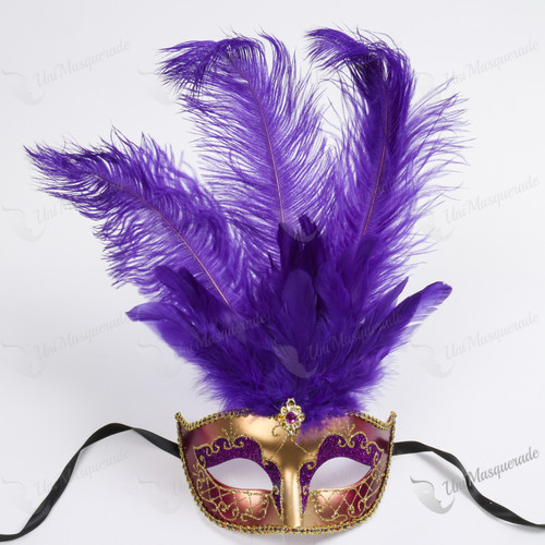 Colombina Venetian with Purple Tall Feather Gold Mask