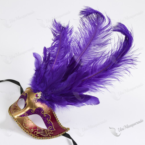 Colombina Venetian with Purple Tall Feather Gold Mask