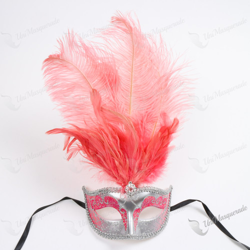 Colombina Venetian with Pink Tall Feather Silver Mask