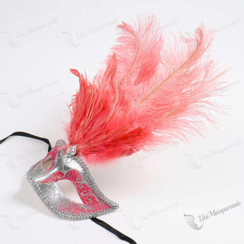 Colombina Venetian with Pink Tall Feather Silver Mask