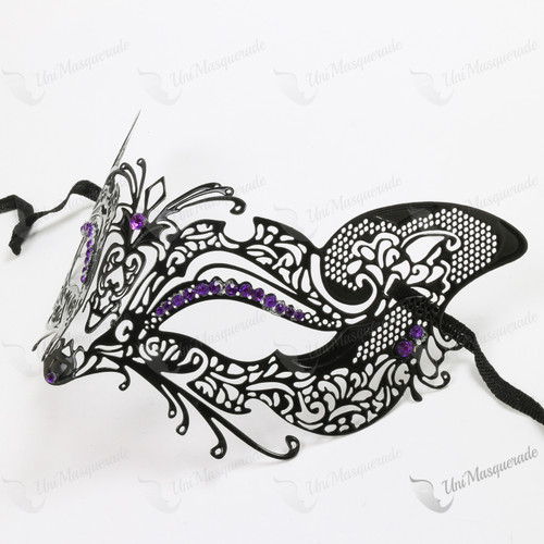 Venetian Fox Masquerade Mask With Purple Rhinestones and Bling Black