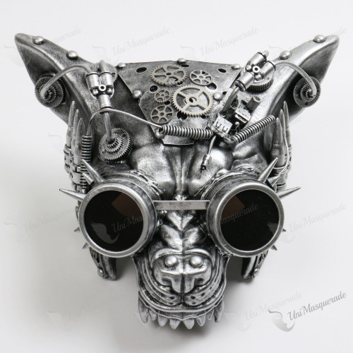 Angry Wolf Robotic Goggles Steampunk Masquerade Silver Mask