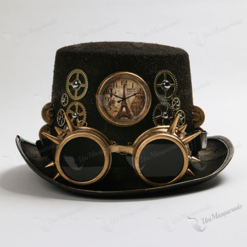 Steampunk Paris Clock with Spikes Goggles Top Hat Antique Gold