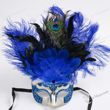 Venetian Glitter Crystal Mardi Gras Mask with Peacock Large Feather - Green  Yellow