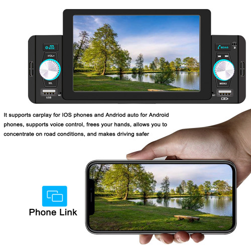 5 Inch Car Stereo MP5 Player BT FM Radio Receiver with Carplay Android Auto Support Hands-Free Calling USB Charge/Playback Phone Link Reversing Assist Steering Wheel Control