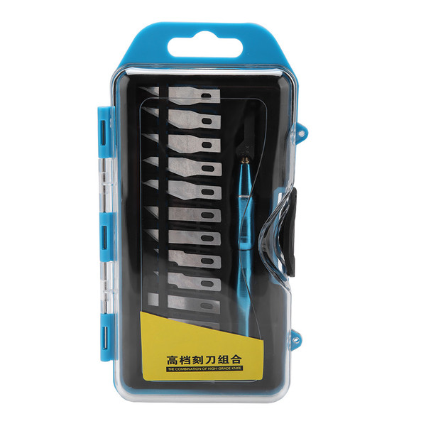 14PCS Wood Carving Knife Manual Sharpener Rubber Stamp Knives Carving Tools Set (Blue)