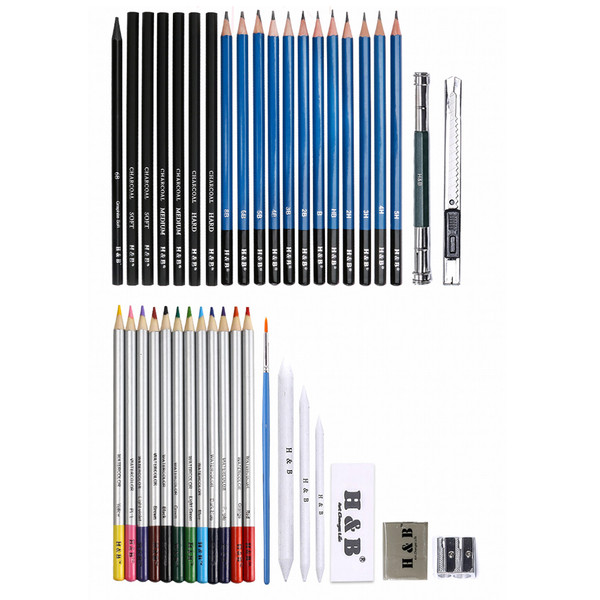 H&B 40pcs/set Professional Drawing Kit Natural Wood Pencil Sketching Pencils Art Supplies Sketch Painting Tools with Carrying Bag