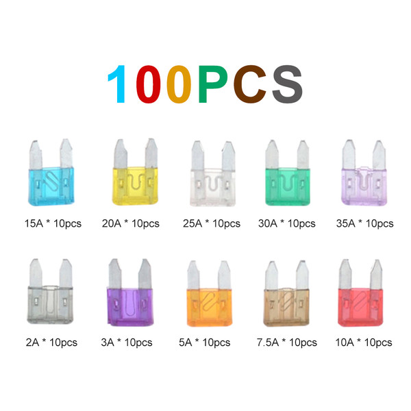 100pcs Mini Car Fuse Kit Color Coded for Ten Amps Fuses with Alligator Clip Electric Tester Tweezer Fuse Puller
