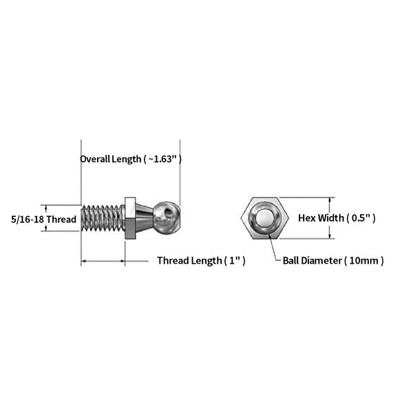 10mm Ball Studs with Hardware - 5/16-18 Thread x 1'' Long Shank - Gas Lift Support Strut Fitting (4 Pack)