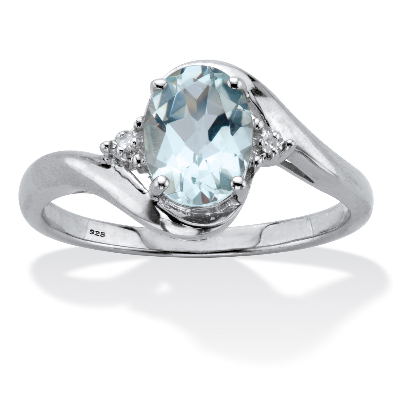 March Birthstone Oval Cut Genuine Aquamarine & Diamond Accent Bypass Ring 1.11 TCW Platinum Plated Sterling Silver