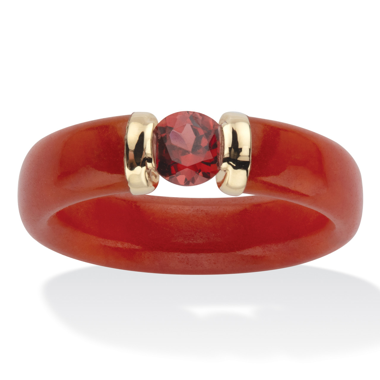 Genuine Red Jade and Round Cut Red Garnet Ring .60 TCW 10k Solid 