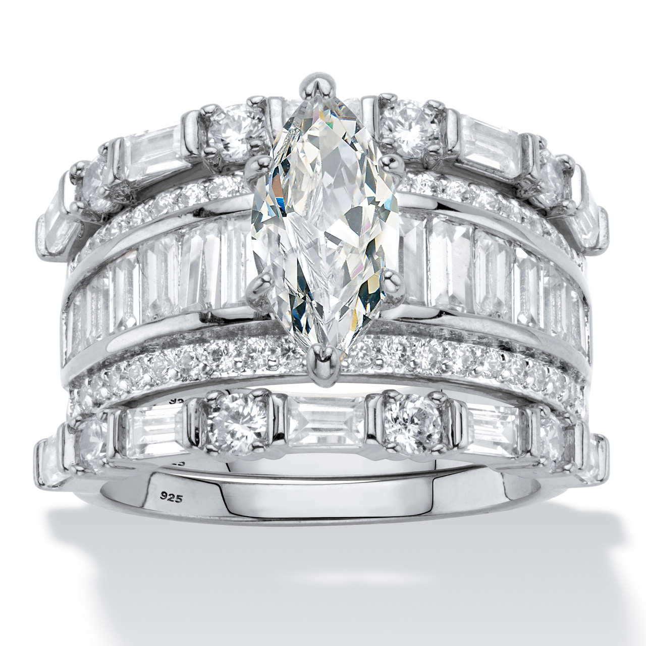 Marquise-Cut Cubic Zirconia 3-Piece Wedding Ring Set TCW in  Platinum-plated Sterling Silver