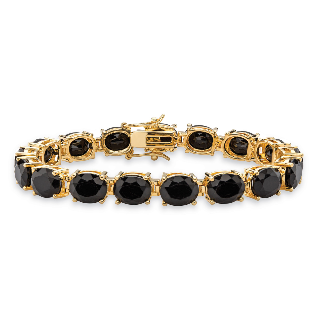 Oval-Cut Genuine Faceted Black Onyx Tennis Bracelet Gold-Plated