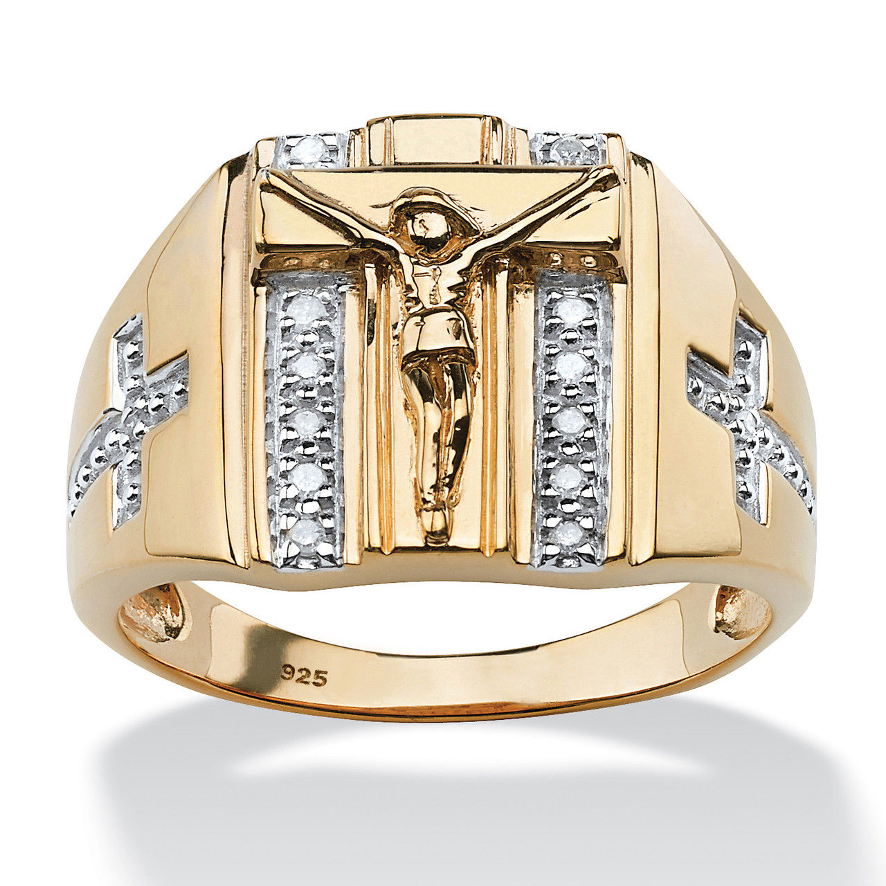 Men's 1/10 TCW Round Diamond Crucifix and Cross Ring in 18k Gold
