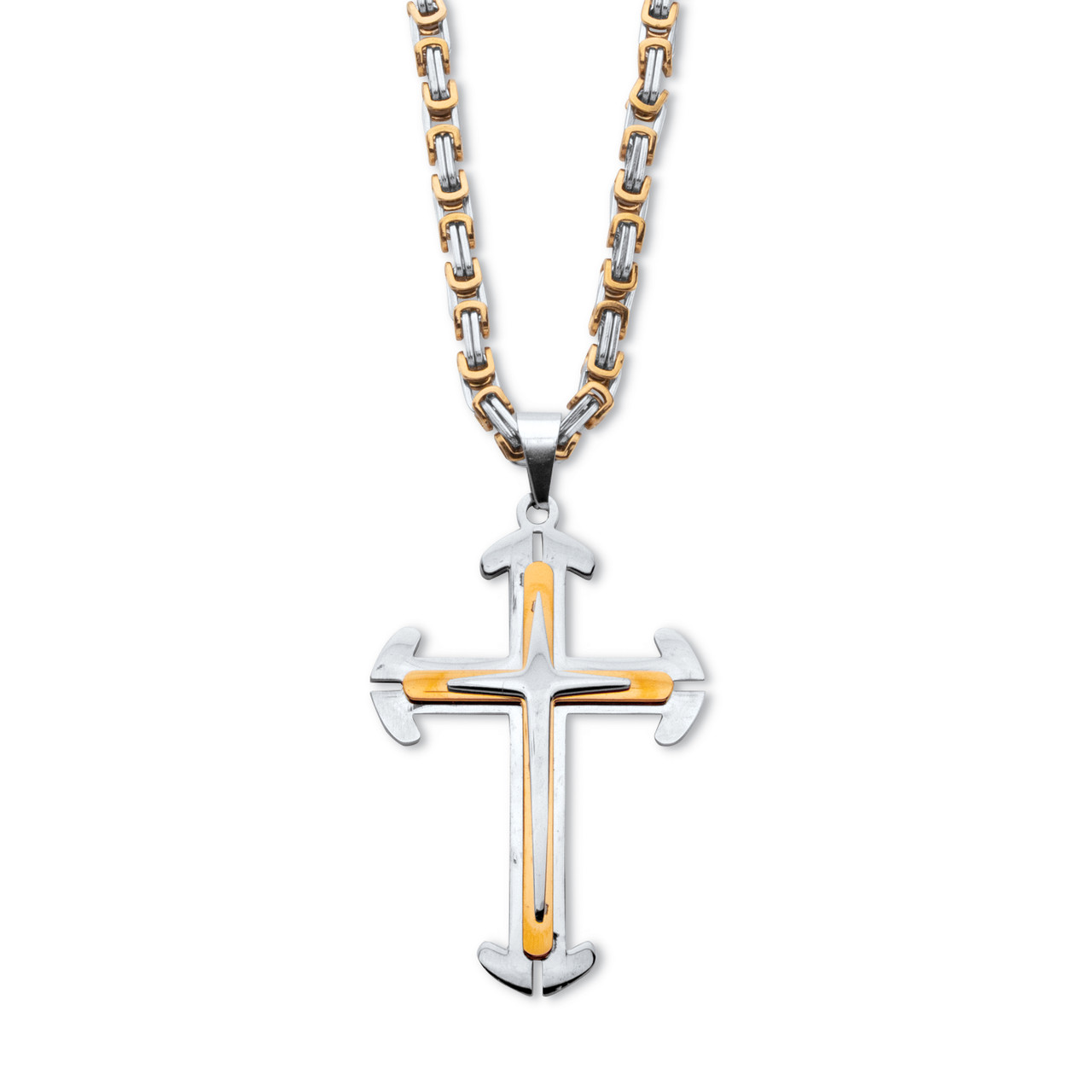 Men's Triple Layer Cross Pendant Necklace With Flat Byzantine-Link