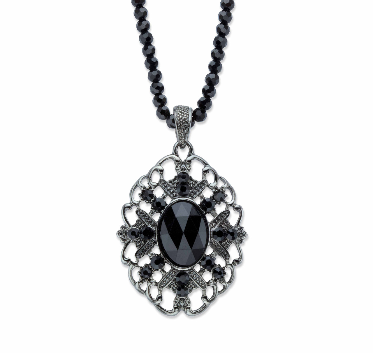 OvalCut Simulated Black Onyx Beaded Filigree Pendant Necklace in Black — free download