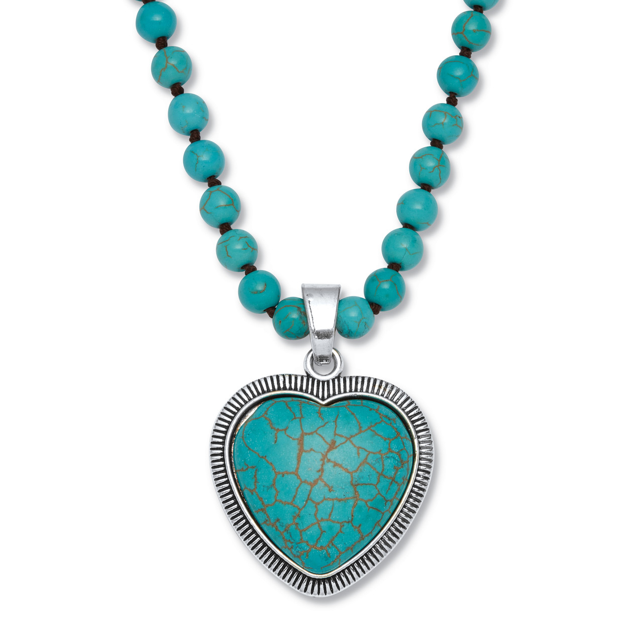 Genuine Turquoise Antiqued Silvertone Heart Pendant Necklace, 34 inches