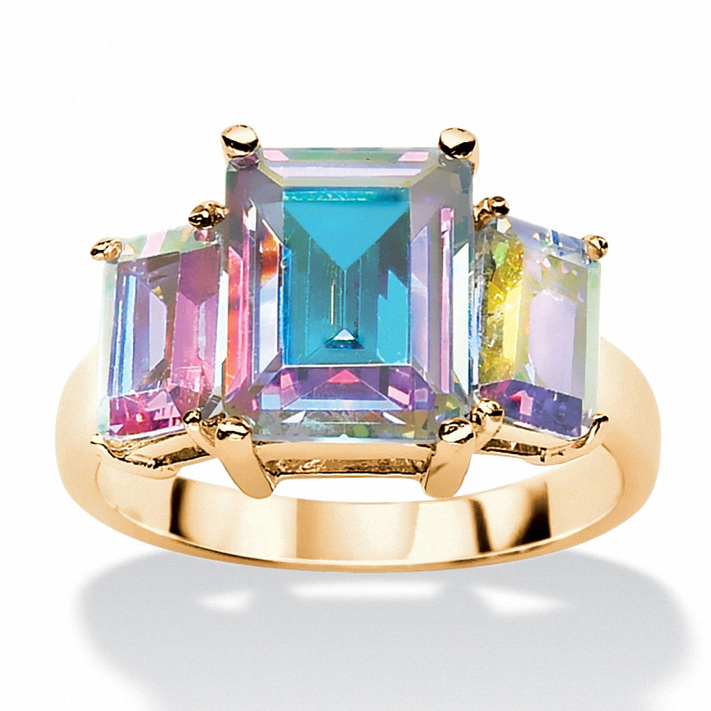 5.60 TCW Emerald-Cut Aurora Borealis Cubic Zirconia 3-Stone Ring