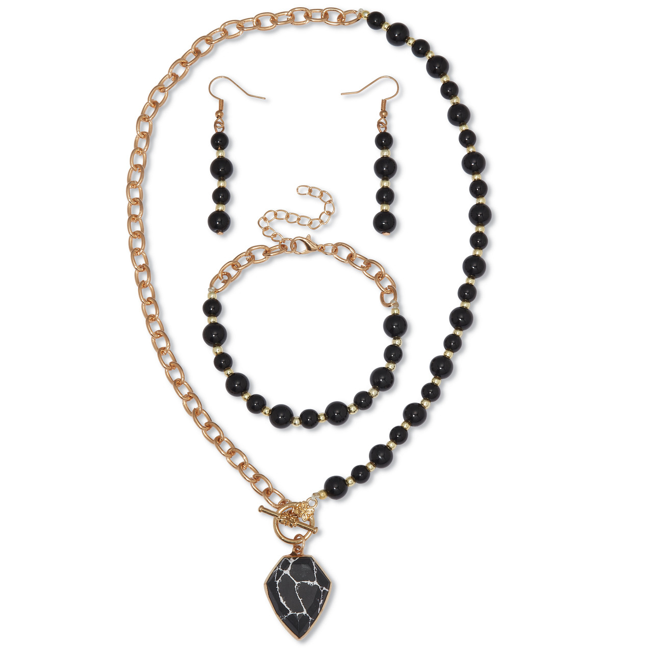 Genuine Black Howlite and Onyx Goldtone Beaded Necklace Set 18