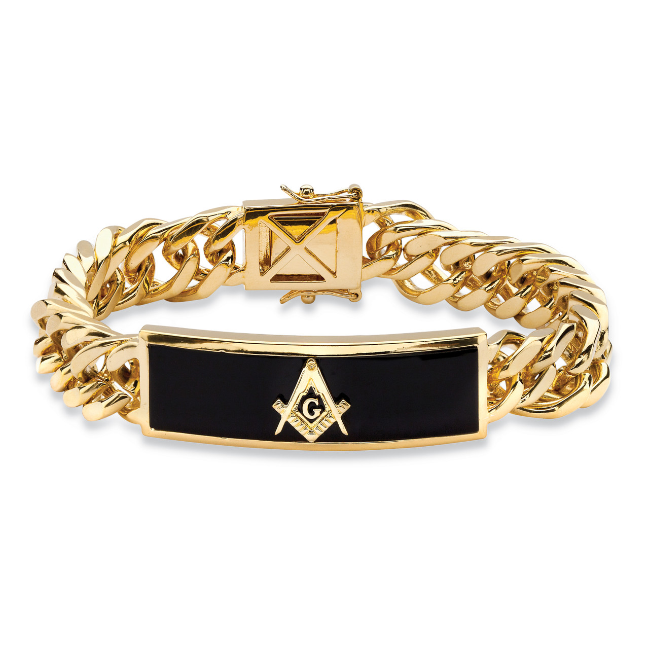 Men's Genuine Black Onyx Masonic Insignia Curb-Link Bracelet Gold