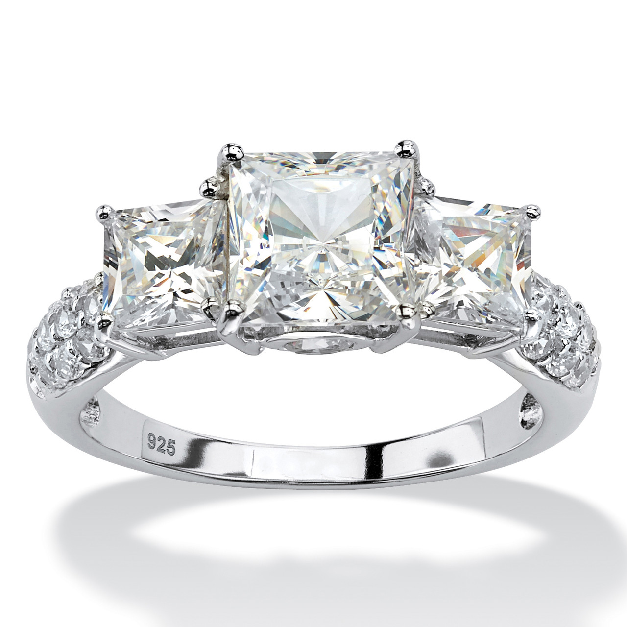 Princess-Cut Created White Sapphire 3-Stone Ring TCW in Platinum-plated Sterling Silver