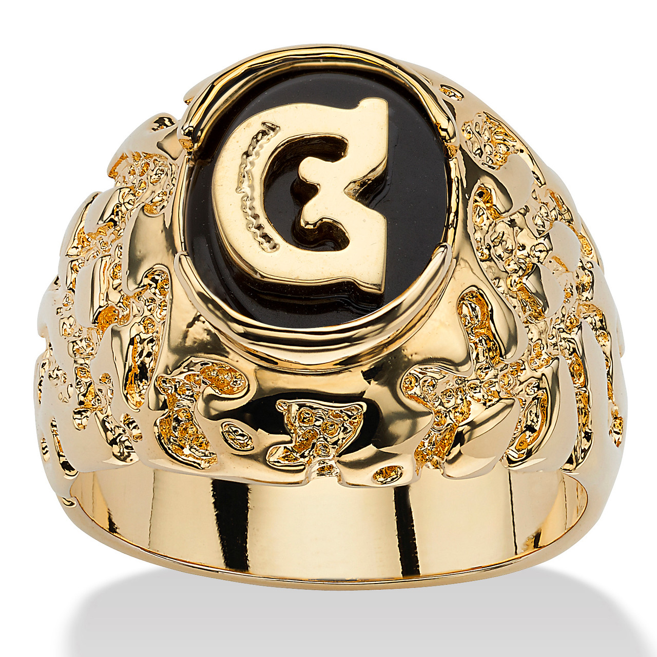 Men's Oval-Shaped Genuine Onyx Nugget-Style Personalized Initial Ring  Gold-Plated - Main Image